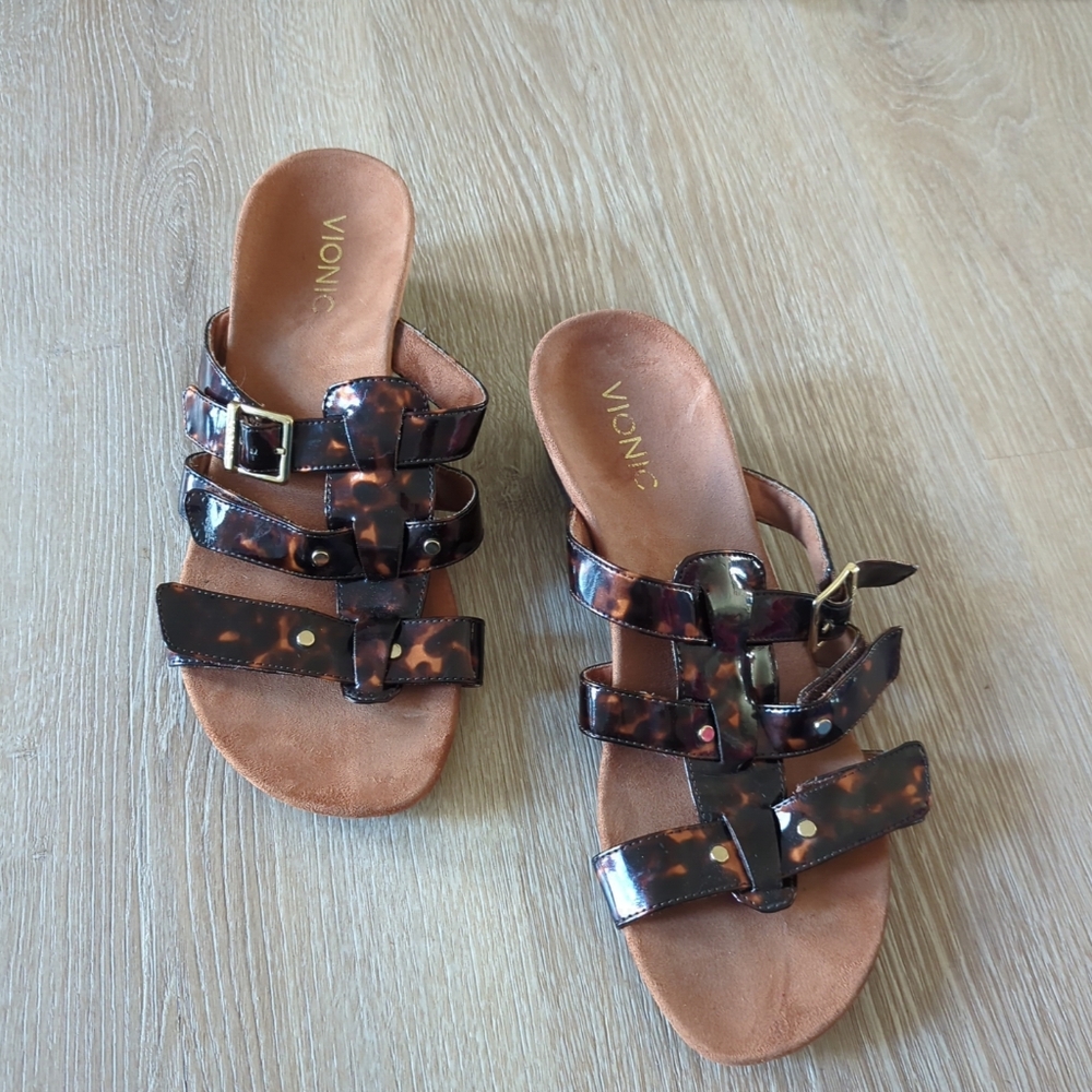 Vionic Park Radia Tortoise Wedge Sandals Brown Women's Size 8